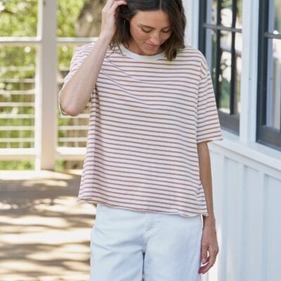Frank & Eileen PERRY Vintage White and Camel Stripe, Vintage Jersey - Image 1