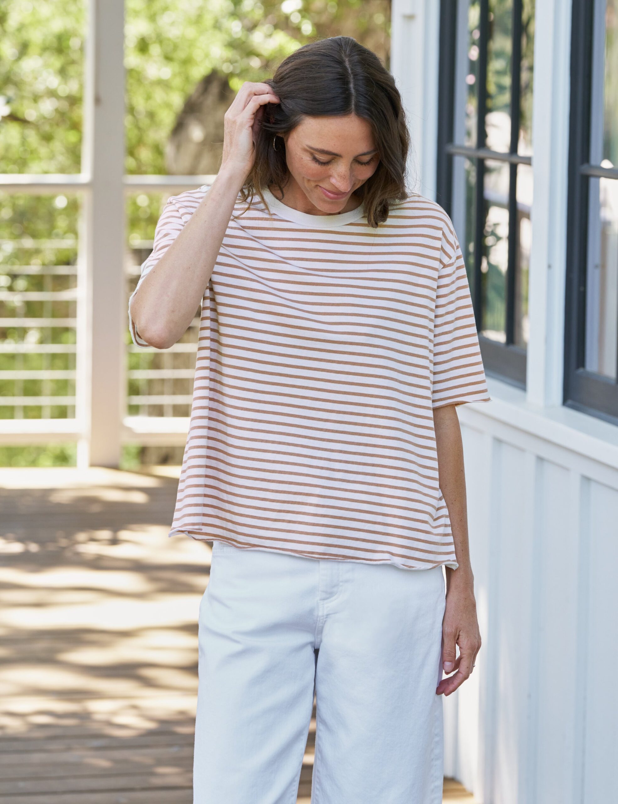 Frank & Eileen PERRY Vintage White and Camel Stripe, Vintage Jersey - Image 1