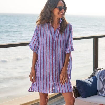 Frank & Eileen ROSEMARY Blue and Red Textured Stripe, Italian Classic Linen - Image 1
