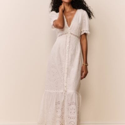 LoveShackFancy Tarragon Cotton Bandana Eyelet Midi Dress — WHITE - Image 1