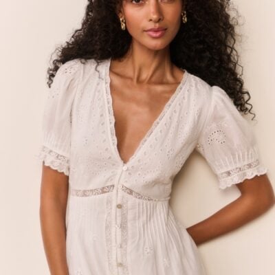 LoveShackFancy Tarragon Cotton Bandana Eyelet Midi Dress — WHITE - Image 2