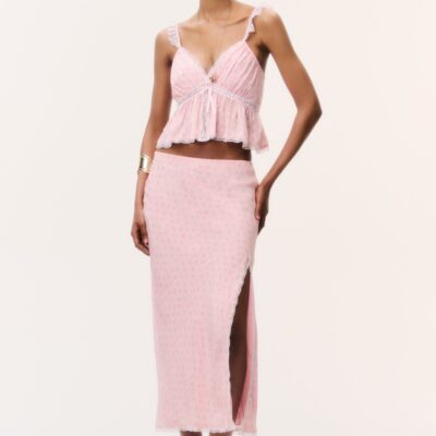 LoveShackFancy Silvia Floral Crepe Midi Skirt — CALICO PEACH - Image 1