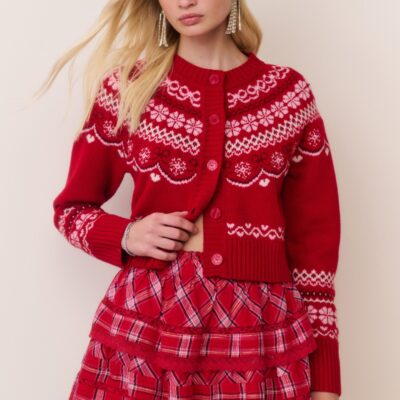 LoveShackFancy Shantae Wool Fair Isle Cardigan - RED VELVET TRUFFLE - Image 1