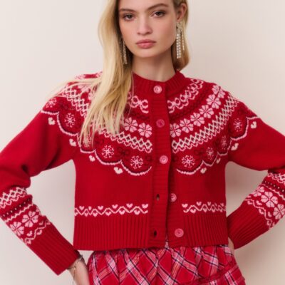 LoveShackFancy Shantae Wool Fair Isle Cardigan - RED VELVET TRUFFLE - Image 2