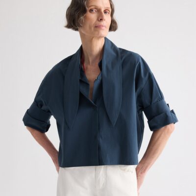 TWP Tie One On Shirt in Cotton Poplin — SEA STORM - Image 2