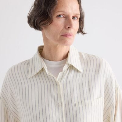 TWP Something Borrowed Shirt in Pencil Stripe Viscose — IVORY / BLUE - Image 2