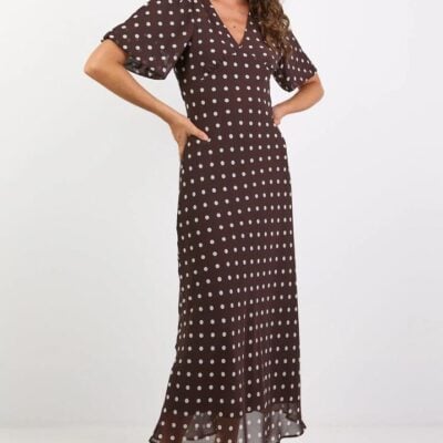 Among the Brave Aura Chocolate Polka Dot Puff Short Sleeve Bias MIDI Dress