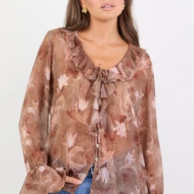 Among the Brave Bohemian Ochre Floral Black Trim Sheer Frill Front Blouse