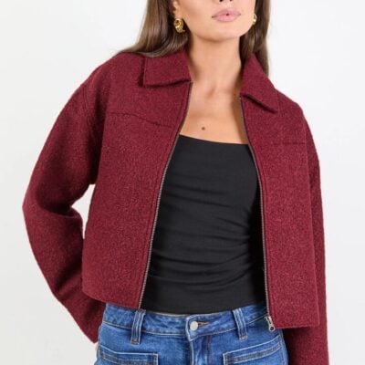 Among the Brave Dune Burgundy Boucle Zip Front Jacket