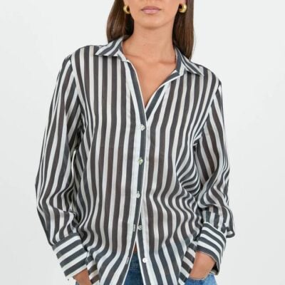Among the Brave Narrative Black Stripe Semi Sheer Long Sleeve Shirt