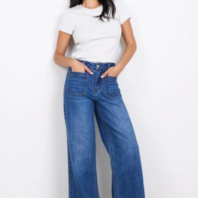 Among the Brave Zoey Marine Blue Petite High Rise Wide Leg Pocket Jean