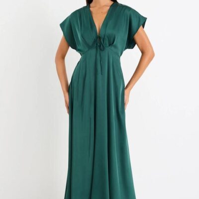 By Rosa. Ambiance Forest Satin Short Sleeve Maxi Dress