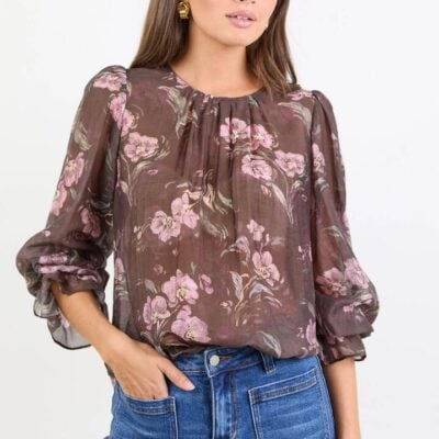 By Rosa. Endless Chocolate Floral Blouson Sleeve Ls Top