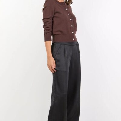By Rosa. Grandeur Black Satin Elastic Back Wide Leg Pants
