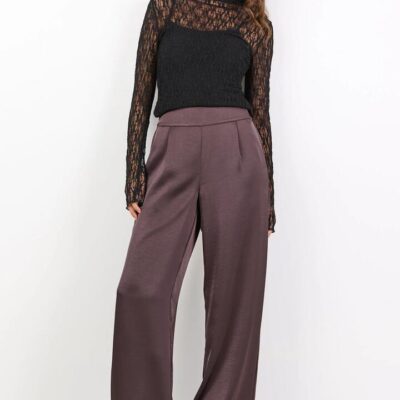 By Rosa. Grandeur Chocolate Satin Elastic Back Wide Leg Pants