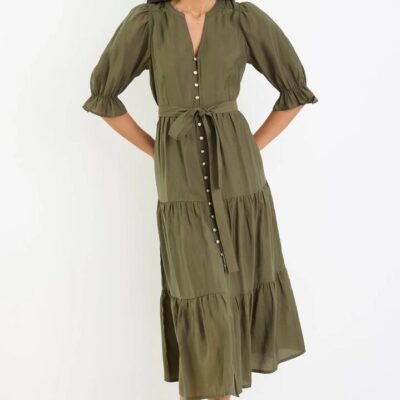 By Rosa. Irresistible Khaki Ss Button Front Tiered Maxi Dress
