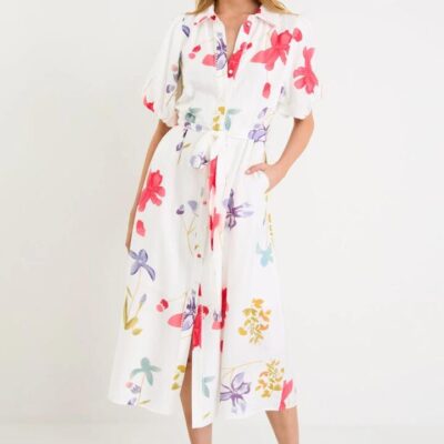 By Rosa. Jasmine Cream Poppy Floral Puff Sleeve Long Shirt Dress