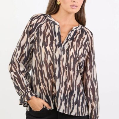 By Rosa. Woodland Black Zebra Tie Neck Flounce Long Sleeve Top