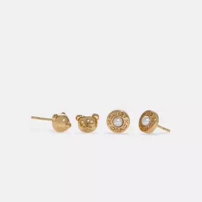 Coach Women's Bear and Pearl Stud Earrings Set in Gold | Metal