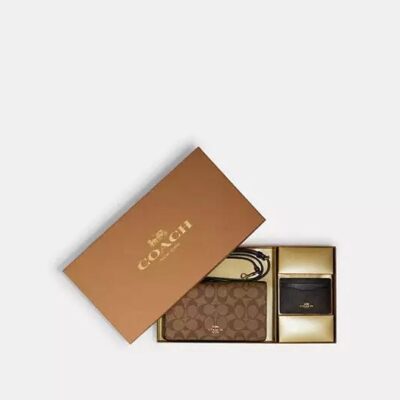 Coach Women's Boxed Anna Foldover Clutch Crossbody and Card Case Set in Blocked Signature Canvas in Gold/khaki Brown Multi | Pvc