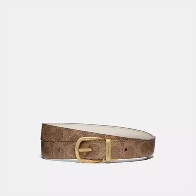 Coach Women's Harness Buckle Reversible Belt, 25 MM in Brass/chalk Tan | Pvc/leather