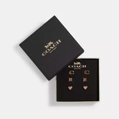 Coach Women's Signature and Pave Heart Stud Earrings Set in Rose Gold | Metal