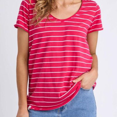 Elm Pima Stripe Vee Tee — Dark Pink/stripe