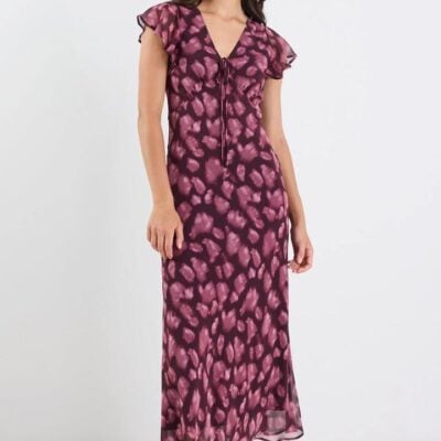 Georgia Zoe Admiration Burgundy Smudge Print Georgette Flutter Sleeve Maxi Dress