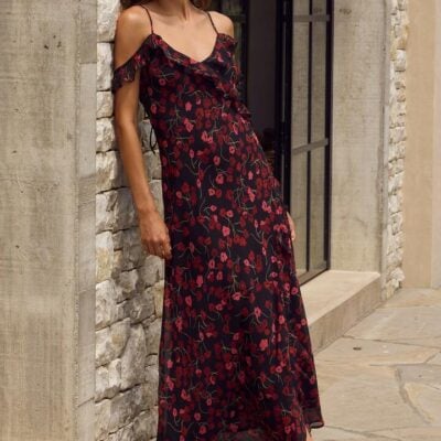 Georgia Zoe Belfast Black Poppy Print Georgette Bias Ruffle Slip Maxi Dress