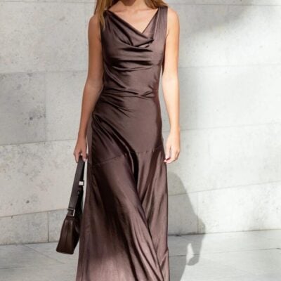 Georgia Zoe Bountiful Chocolate Satin Tie Back Bias Slip Maxi Dress