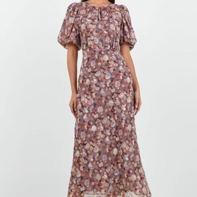 Georgia Zoe Exquisite Lilac Blush Floral Puff Sleeve MIDI Dress