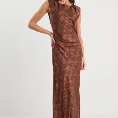 Georgia Zoe Fruition Mocha Jacquard Satin Bias Maxi Dress