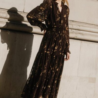 Ivy + Jack Addition Chocolate Butter Floral Long Sleeve Shirred Waist Tiered Maxi Dress