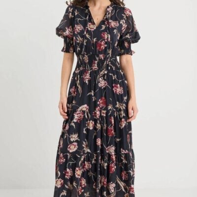 Ivy + Jack Charmant Black Wildflowers Ss V Neck Tiered MIDI Dress