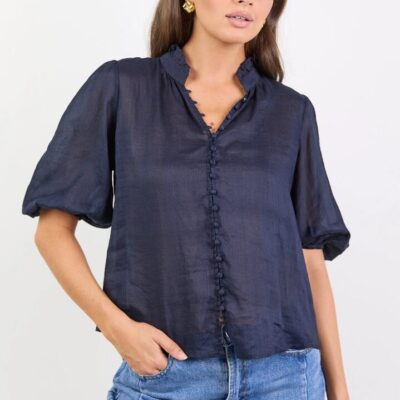 Ivy + Jack Continuance Navy Ramie High Neck Buttoned Ss Top
