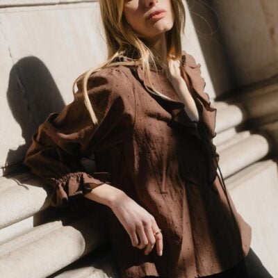 Ivy + Jack Decorate Chocolate Black Polka Dot Frill Front MID Sleeve Top