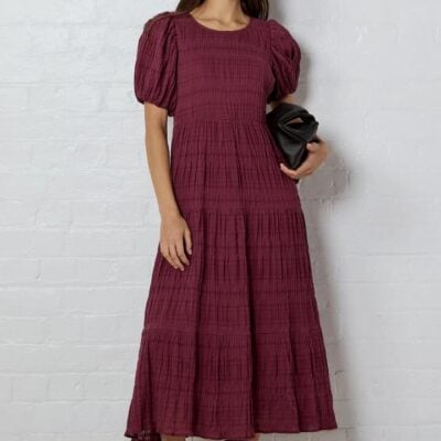 Ivy + Jack Graceful Burgundy Plum Shirred Cotton Bubble Short Sleeve Tiered Maxi Dress