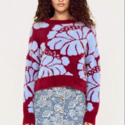 Mink Pink Amara Wine Blue Floral Intarsia Knit