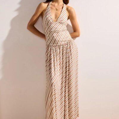 Mink Pink Orielle Brown Cream Stripe Halter Mesh Maxi Dress
