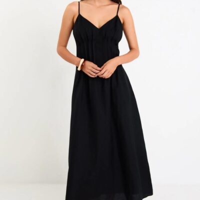 Re:union Label Hourly Black Linen Blend Strappy Pleat Maxi Dress
