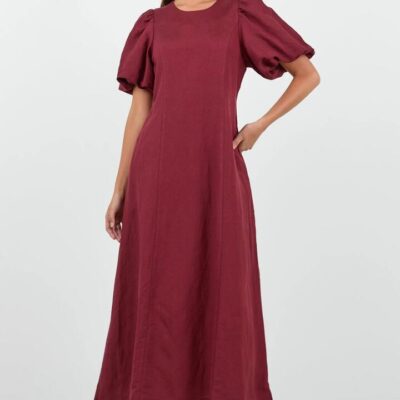 Re:union Label Indulgent Burgundy Puff Sleeve Relaxed Maxi Dress