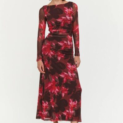 Staple the Label Amyra Bordeaux Garden Chocolate Mesh Ls MIDI Dress