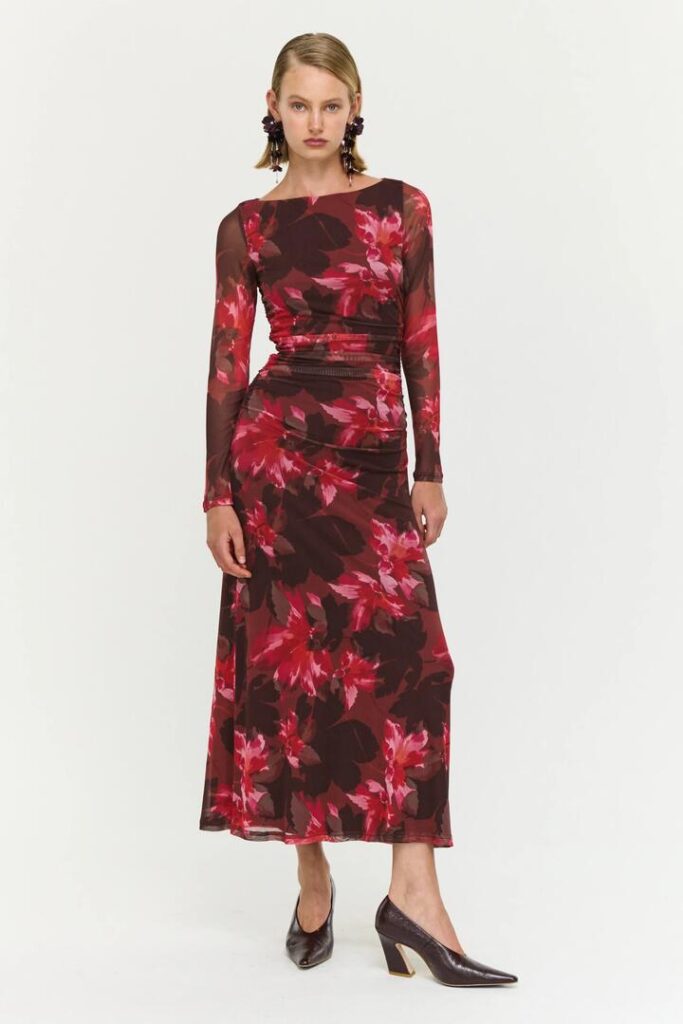 Staple the Label Amyra Bordeaux Garden Chocolate Mesh Ls MIDI Dress