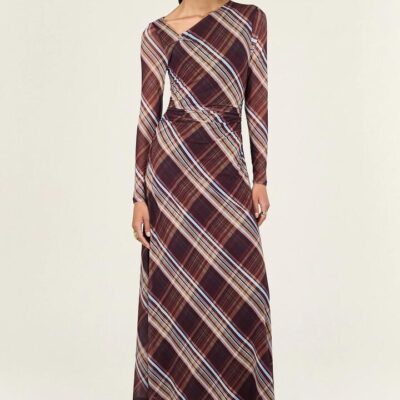 Staple the Label Arles Chocolate Check Mesh Asym Neck Ls MIDI Dress