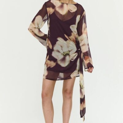 Staple the Label Lula Brown Floral Side Tie Sheer Ls Mini Dress