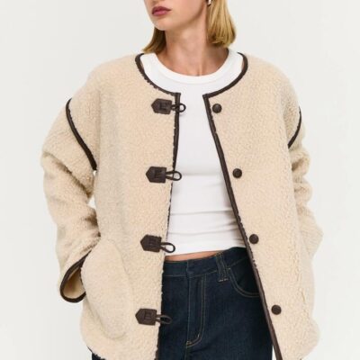 Staple the Label Pascal Beige Teddy Chocolate Trim Duffle Coat