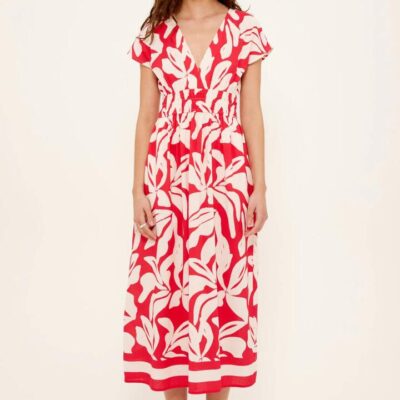 Staple the Label Serata Red Floral Ss Shirred Waist MIDI Dress