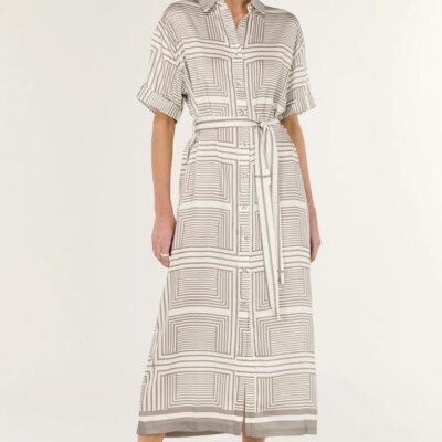 Staple the Label Siphon Geometric White Satin Twill MIDI Ss Shirt Dress
