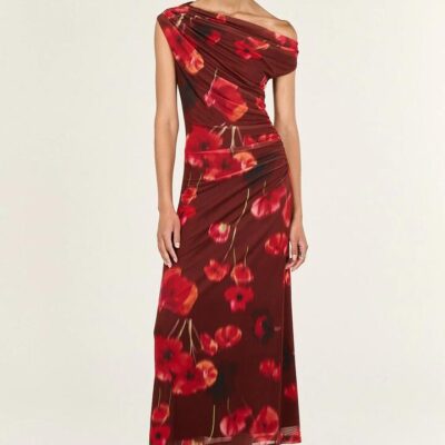 Staple the Label VIVI Chocolate Floral Asym Off Shoulder Mesh MIDI Dress
