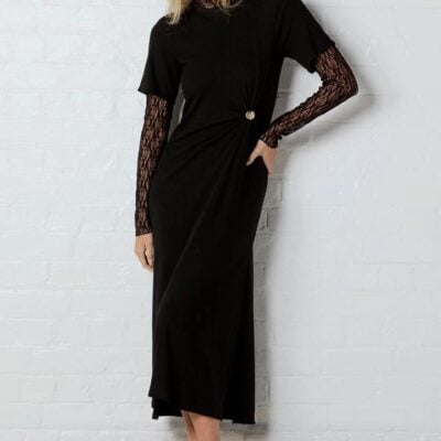 Stories Be Told Anchor Black Waist Buckle Short Sleeve Knit Maxi Dress